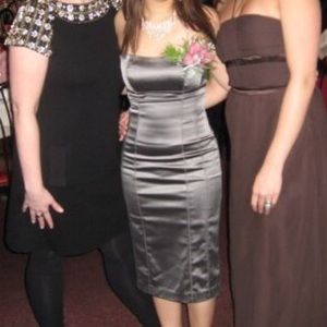 Bebe satin silver tube midi dress